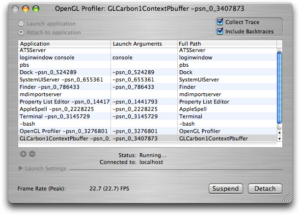 The OpenGL Profiler window