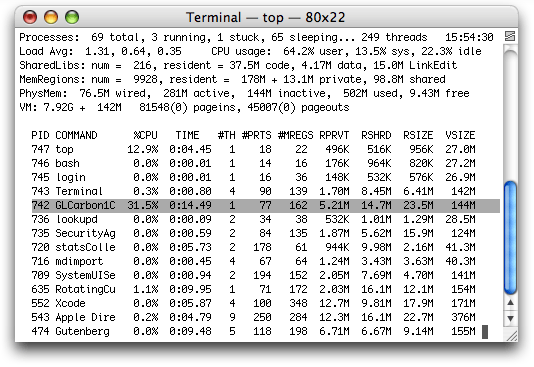 Output produced by the top  application