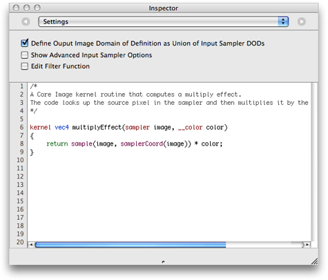 The Settings window for the Core Image Filter patch