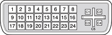 This graphic is an illustration of the 24-pin DVI connector,, which has 3 rows of pins,, numbered: 1 to 8, 9 to 16, and 17 to 24.