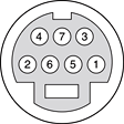 This graphic provides an image of the 7-pin S-Video connector. Pins are arranged in two rows. Top row left to right is numbered 4, 7, and three. Bottom row left to right is numbered 2, 6, 5, and 1.