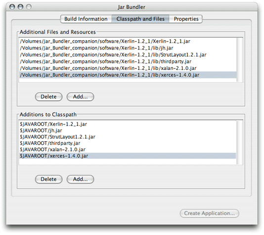 Classpath and Files pane of Jar Bundler