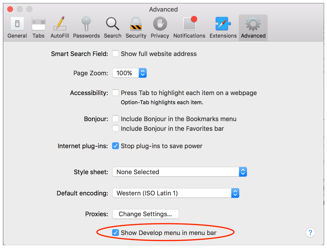 screenshot of Safari advanced preferences page