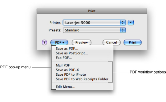 A Print dialog that provides PDF workflow options