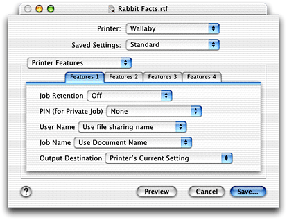 A Printer Features pane in which the printing system groups the features