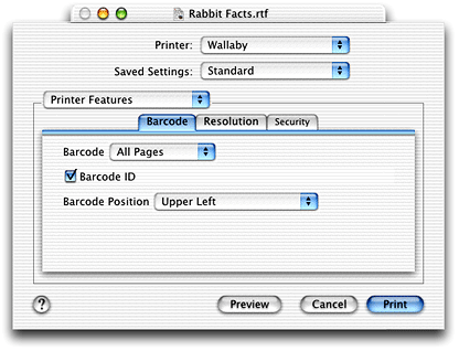 A Printer Features pane in which groups are specified in the PPD file