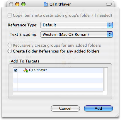 Adding QTKit.framework to the QTKitPlayer target