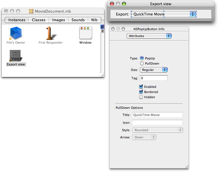 The export view object with the NSPopUpButton Info window displayed and various attributes specified