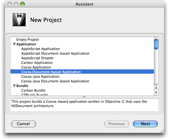 The Cocoa New Project Assistant window with the Cocoa Document-based Application option selected
