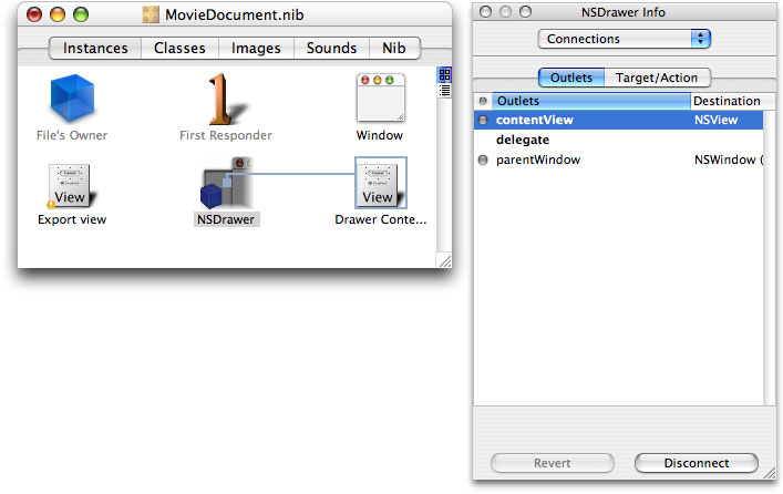 The NSDrawer wired up and connected to the contentView outlet