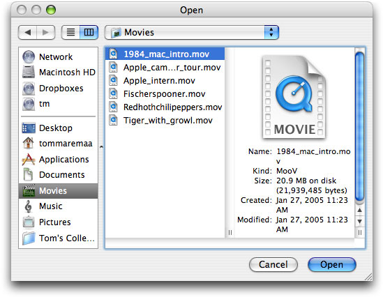 Opening six QuickTime movies of the user’s choosing for display in the multimedia content window of the QTKitPlayer application