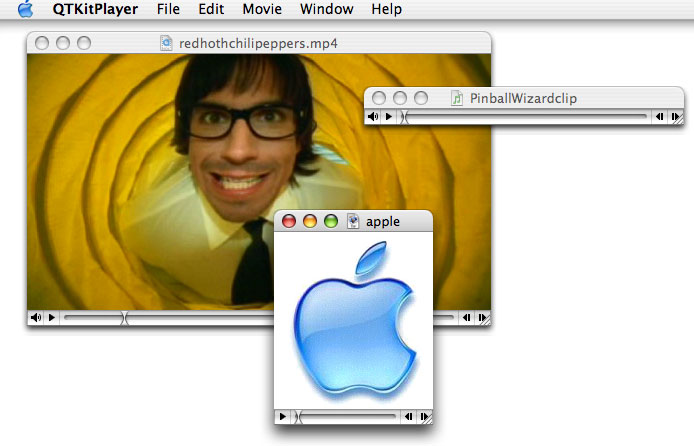 The completed QTKitPlayer application with an MP4 movie, an MP3 audio clip, and a JPEG still image displayed