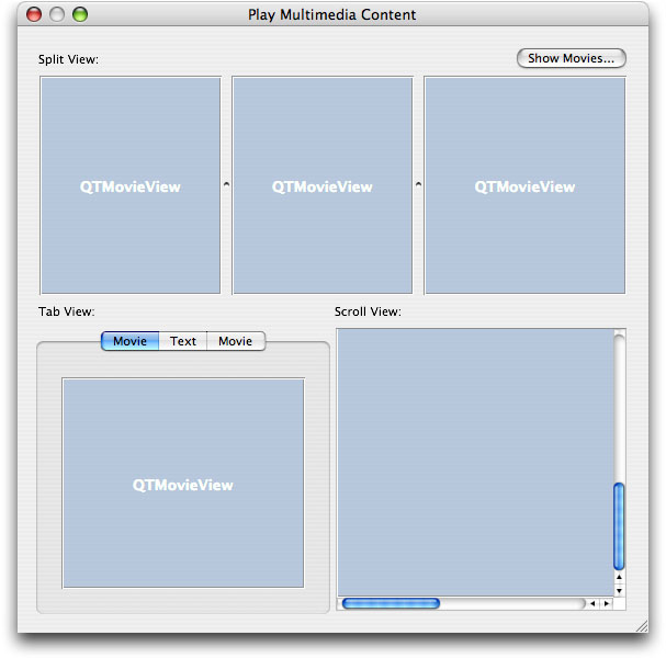 The layout of QTMovieView objects with textfields added for different views
