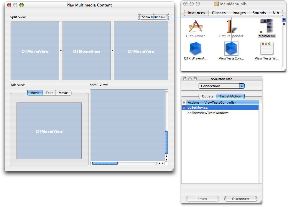 Connecting the Show Movies button to the ViewTestsController with its target