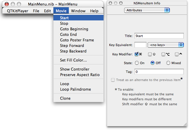 The MainMenu nib file with additions to the Movie menu