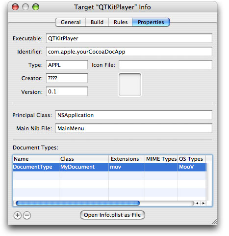 The Target “QTKitPlayer” Info window with the Properties pane displayed