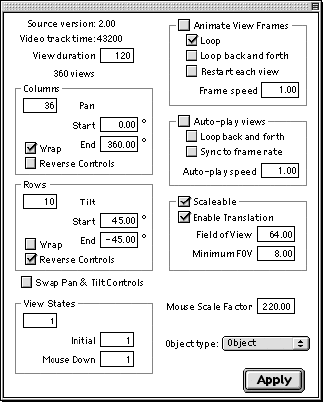 The QTVR Edit Object tool dialog