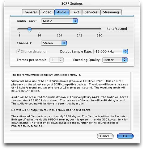 The new 3GPP Settings dialog in QuickTime 6.3 with the Audio pane selected and the Audio Track specified as Music