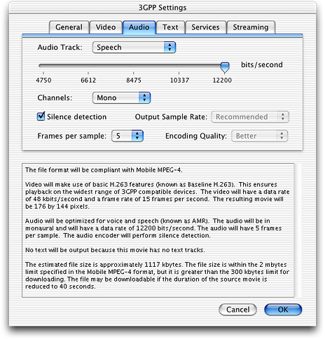 The new 3GPP Settings dialog in QuickTime 6.3 with Audio pane selected and the Audio Track specified as Speech