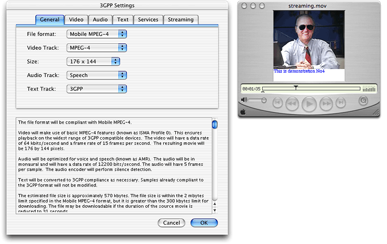 The new 3GPP Settings dialog in QuickTime 6.3 with the General pane selected, along with an outputted movie with a text track displayed