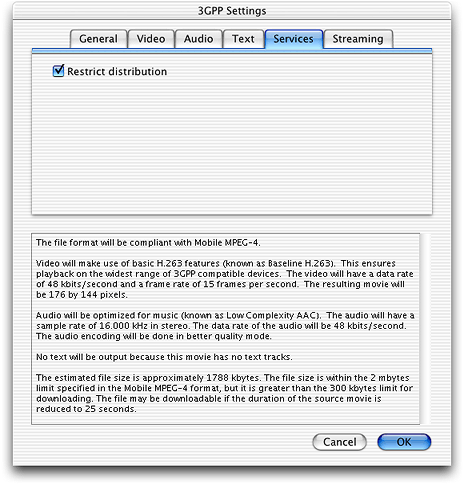 The new 3GPP Settings dialog in QuickTime 6.3 with the Services pane selected and Restrict distribution checked