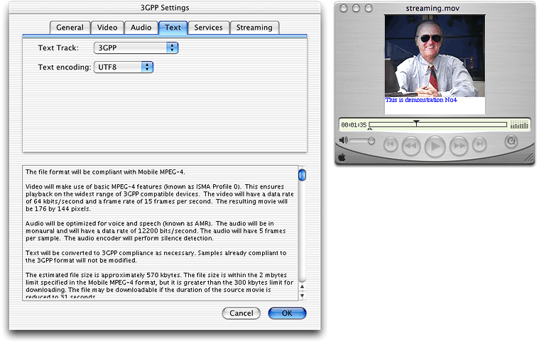 The new 3GPP Settings dialog in QuickTime 6.3 with the Text pane selected and the Text Track specified as 3GPP and Text encoding as UTF-8