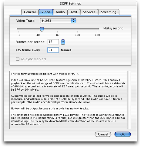 The new 3GPP Settings dialog in QuickTime 6.3 with the Video pane and the Video Track specified as H.263