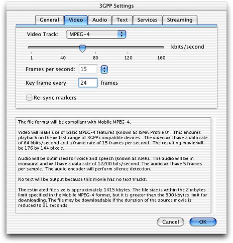 The new 3GPP Settings dialog in QuickTime 6.3 with Video pane selected and MPEG-4 specified as the Video Track