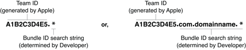 This figure shows how a wildcard character, an asterisk, can be placed in the bundle identifier. It can either fully replace the bundle identifier or can replace just the last part.