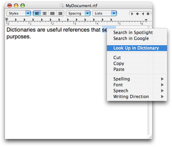 The dictionary look-up command in the contextual menu