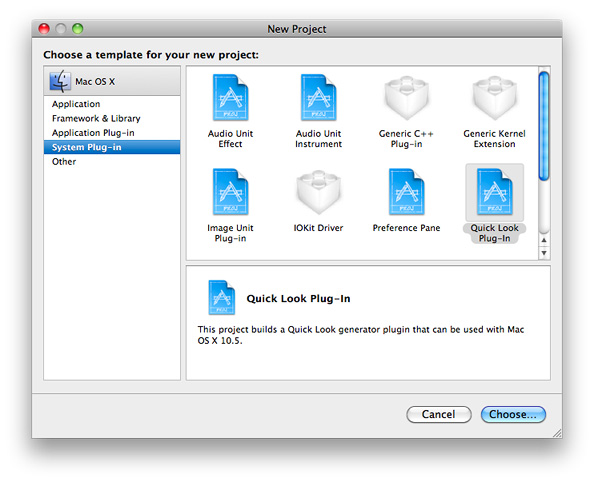 Choosing the Quick Look plug-in template