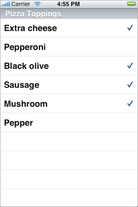 A table view configured as an selection list