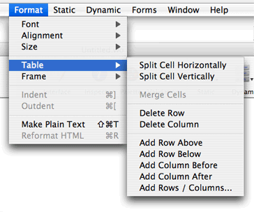 Editing a table using the Table menu