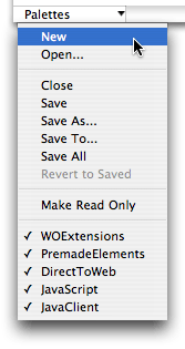 Palettes pop-down menu