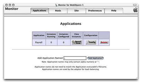 The Applications page with one application