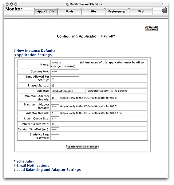 The Application Settings section of the application configuration page