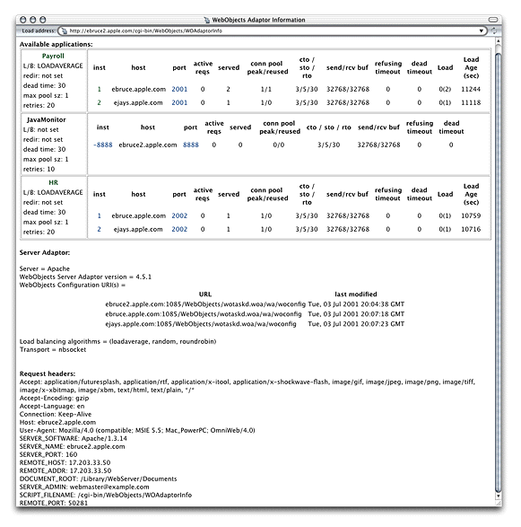 The WebObjects Adaptor Information page