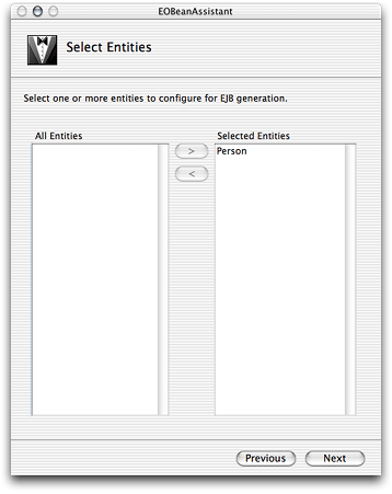The Select Entities pane of EOBeanAssistant
