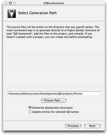 The Select Generation Path pane of EOBeanAssistant