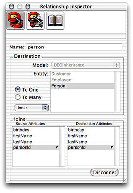 To-one relationships to parent entity shown in inspector