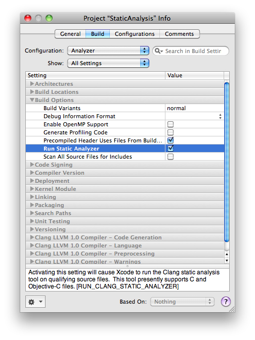 Enable Static Analysis for this Build Configuration