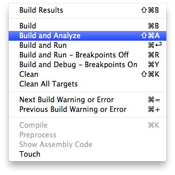 Build and Analyze Menu Item