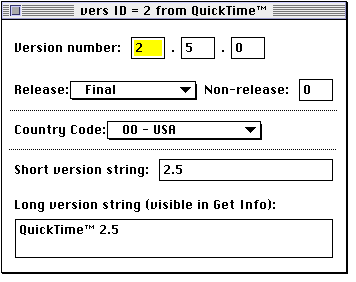 ResEdit window, showing 'vers'
         information