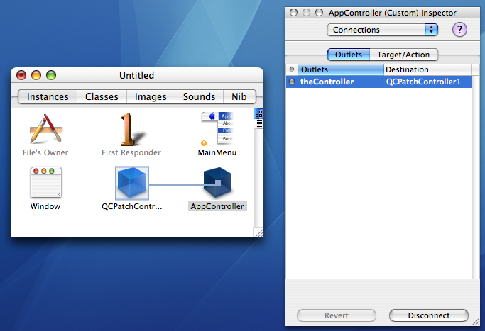 Figure 2, Connecting the outlet of the AppController example class to the QCPatchController instance.