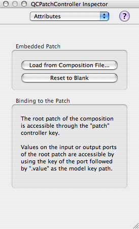 Figure 1, The Attributes inspector panel for a QCPatchController instance in Interface Builder.