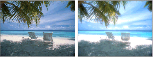 A beach scene without (left) and with (right) the glow effect applied