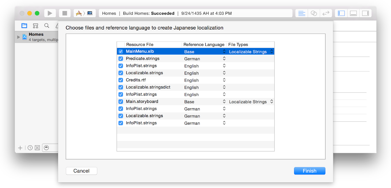 In the dialog that appears, deselect the resource files you don’t want to localize for this language.