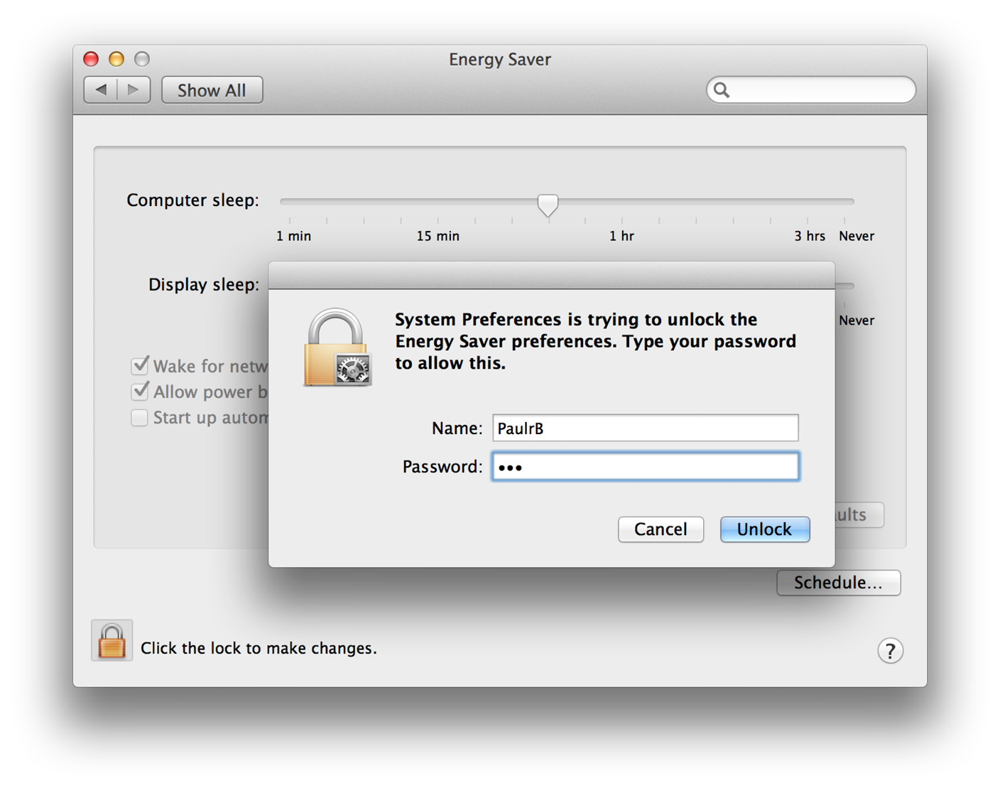 An example of authentication in the System Preferences application