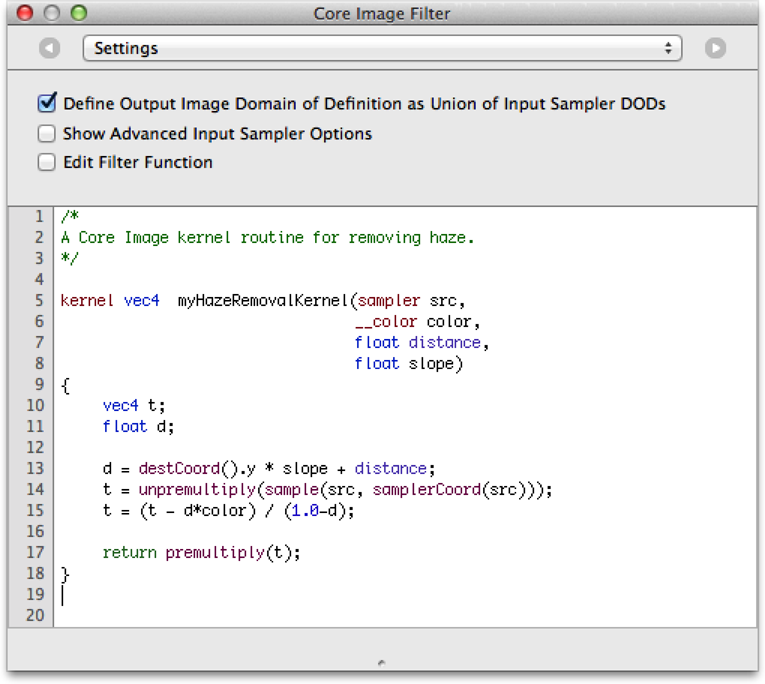 The haze removal kernel routine pasted into the Settings pane