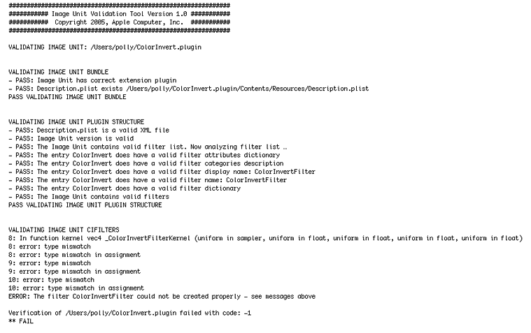 Output produced by ImageUnitAnalyzer for a failing unit